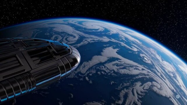 vaisseau spatial au dessus d'une plan&egrave;te bleu comme la terre