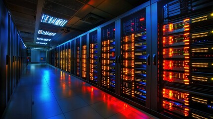 Modern data center with illuminated server racks and vibrant LED lights, showcasing advanced technology, cloud computing, and digital infrastructure.