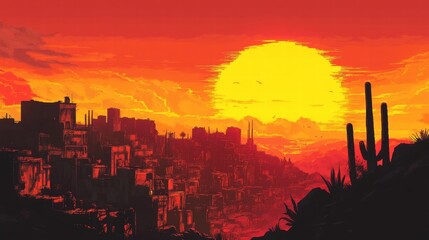 fiery sunset over desert cityscape