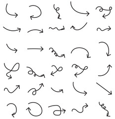 Collection hand drawn arrows. Set simple curved arrows isolated on white background. Collection of pointers. Vector illustration. Set of vector curved arrows hand drawn. Sketch doodle style.