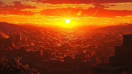 Obraz premium fiery sunset over ancient cityscape