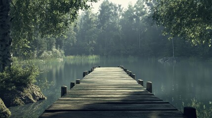 Obraz premium Tranquil Wooden Dock Overlooking Calm Forest Lake, Peaceful Nature Scene with Misty Morning Atmosphere, Serene Escape into the Wilderness, Idyllic Summer Retreat, Scenic Reflection in Water