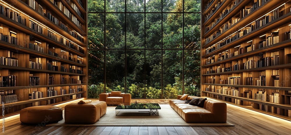 Poster a modern library with large windows overlooking a lush forest.