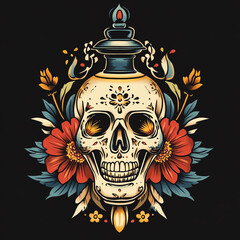 Fototapeta premium Skull and Lantern tattoo flash illustration
