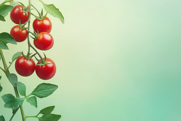 A group of cherry tomatoes on the vine, isolated on a light green gradient background, realistic textures and vibrant colors.