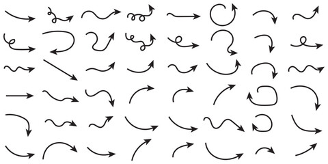 Hand drawn thin line arrows set. Many vector curvy and wavy arrows isolated on white background. black hand drawn curve arrow set illustration.
