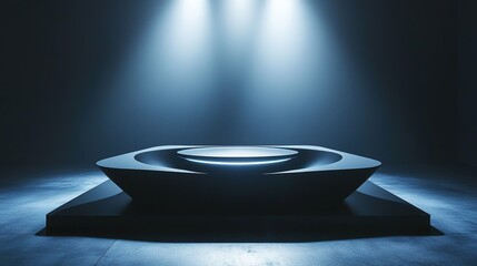 futuristic modular podium with integrated led lighting on matte black platform under spotlight