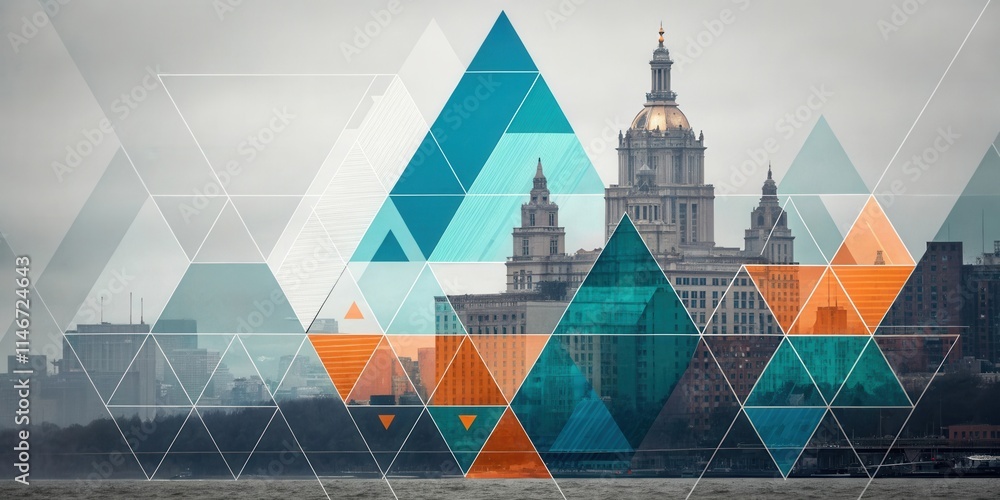 Poster Abstract Geometric Cityscape with Overlapping Triangles and a Dome-shaped Building in the Background