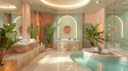 Fototapeta premium Serene Oasis: Luxurious Bathroom Design with Tropical Plants and a Plunge Pool