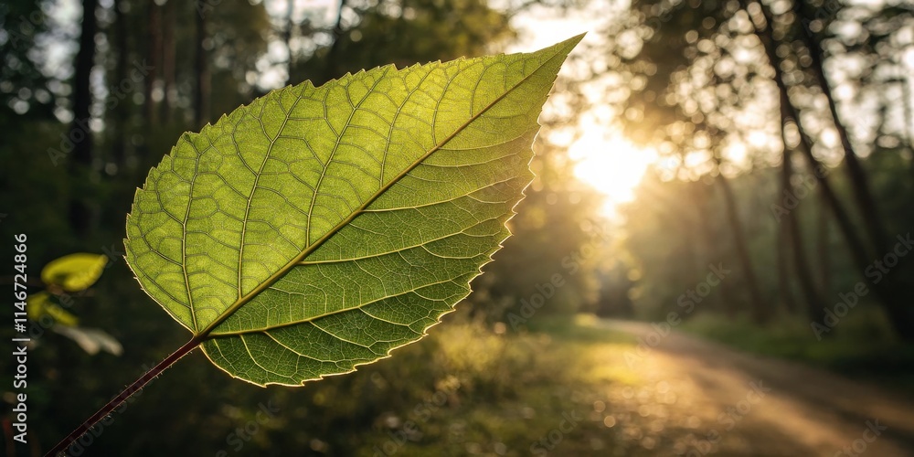 Aufkleber a single green leaf illuminated by the warm glow of the setting sun in a forest setting.