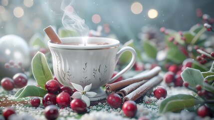 Fototapeta premium A steaming cup of cider surrounded by cinnamon sticks and cranberries, capturing the essence of Thanksgiving, isolated on a festive background.
