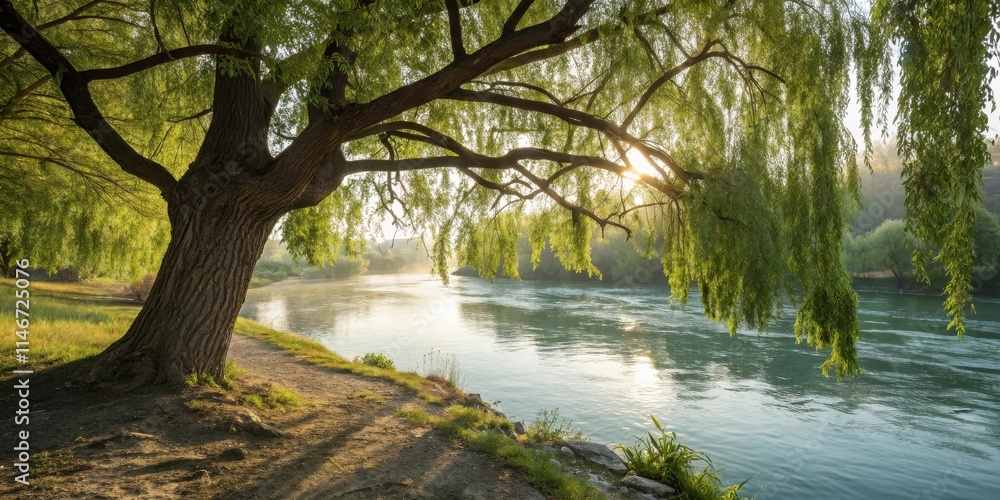 Poster a solitary weeping willow tree stands majestically on the bank of a tranquil river, its branches gra