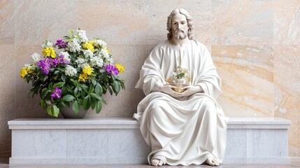Seated Jesus statue with flowers.