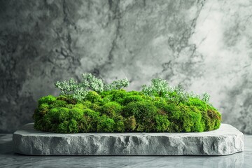 minimalist podium covered with fresh moss displayed on natural stone slab