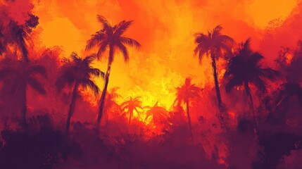 tropical sunset palm trees silhouette landscape painting