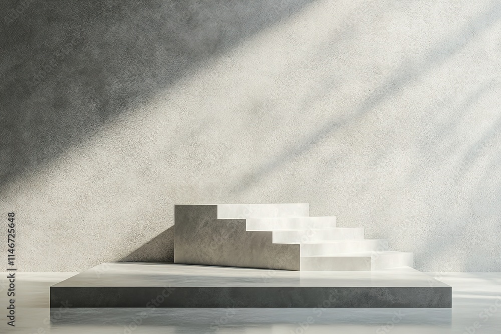 Poster podium shaped like minimalist staircase displayed on clean textured gray platform under diffused nat