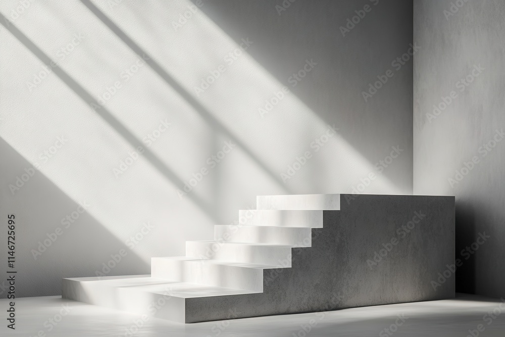 Poster podium shaped like minimalist staircase displayed on clean textured gray platform under diffused nat