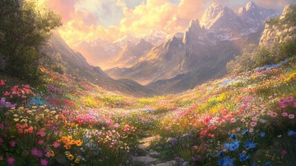 serene mountain meadow in sunset glow