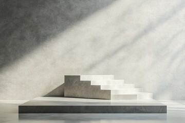 podium shaped like minimalist staircase displayed on clean textured gray platform under diffused natural light