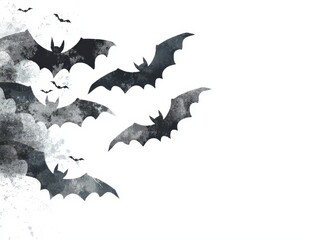 Fototapeta premium A haunting scene featuring silhouetted bats in flight against a stark white background, evoking a mysterious and eerie atmosphere.