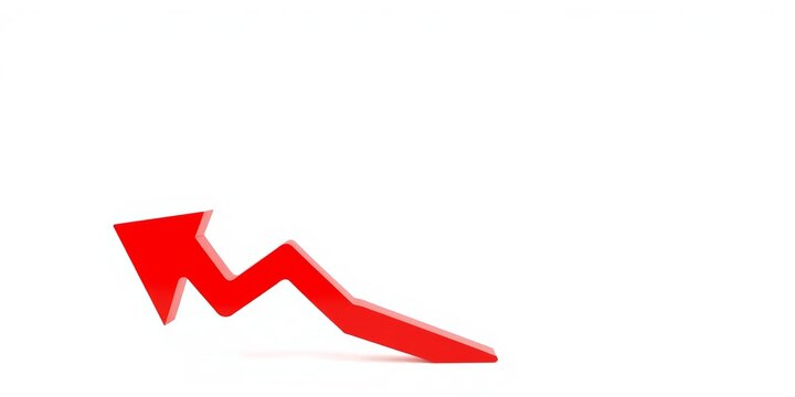 A sharp, red arrow plunging downwards symbolizing a decrease in value, with the word "fall" highlighted, isolated on a white background, white background, decrease
