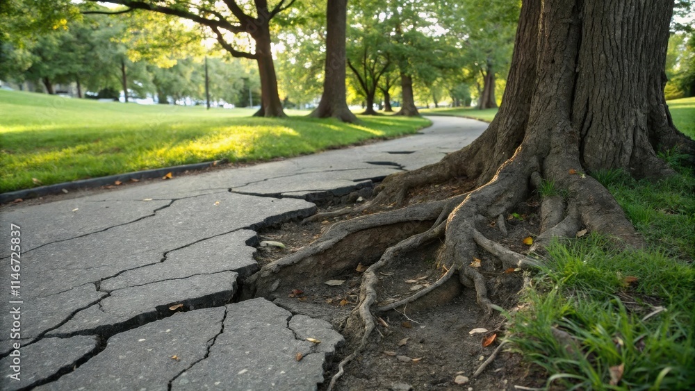 Poster A winding pathway through a park with large tree roots pushing through the pavement, a testament to the enduring power of nature