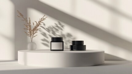 Minimalist product display with black jars and dried flowers on a white platform.