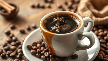 A steaming cup of coffee with various flavored syrups and spices, adding a delicious twist to morning routine, coffee beans, aroma
