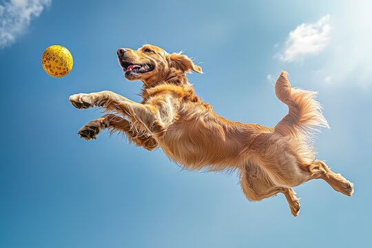 Golden retriever leaping mid-air to catch a toy ball against a bright blue sky on a sunny day. Perfect for themes of playfulness, energy, and canine companionship.