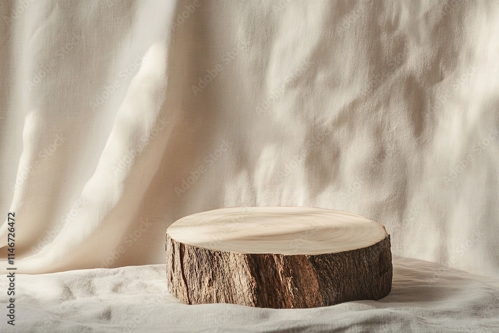 Poster rustic podium carved from natural wood displayed against plain textured fabric background under soft