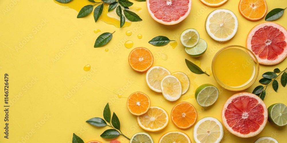 Poster A Vibrant Display of Citrus Fruit Slices and Leaves with Freshly Squeezed Juice on a Yellow Background