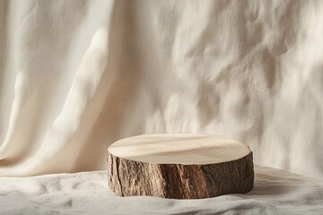 rustic podium carved from natural wood displayed against plain textured fabric background under soft light