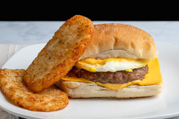 sausage patty fried egg , and cheese breakfast sandwich
