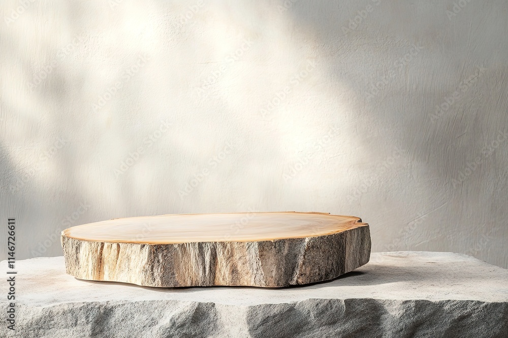 Poster rustic wooden podium with visible grain patterns displayed on textured stone base under soft natural