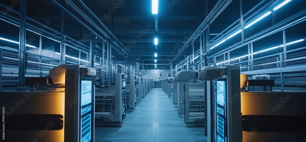 Poster a modern storage facility with illuminated shelving and automated systems.