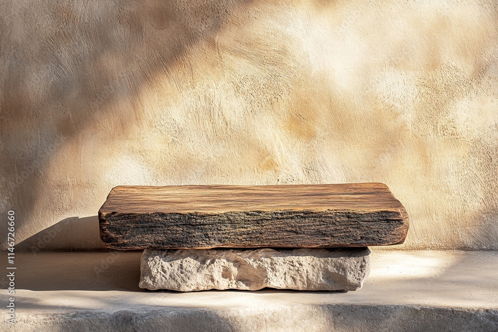Poster rustic wooden podium with visible grain patterns displayed on textured stone base under soft natural