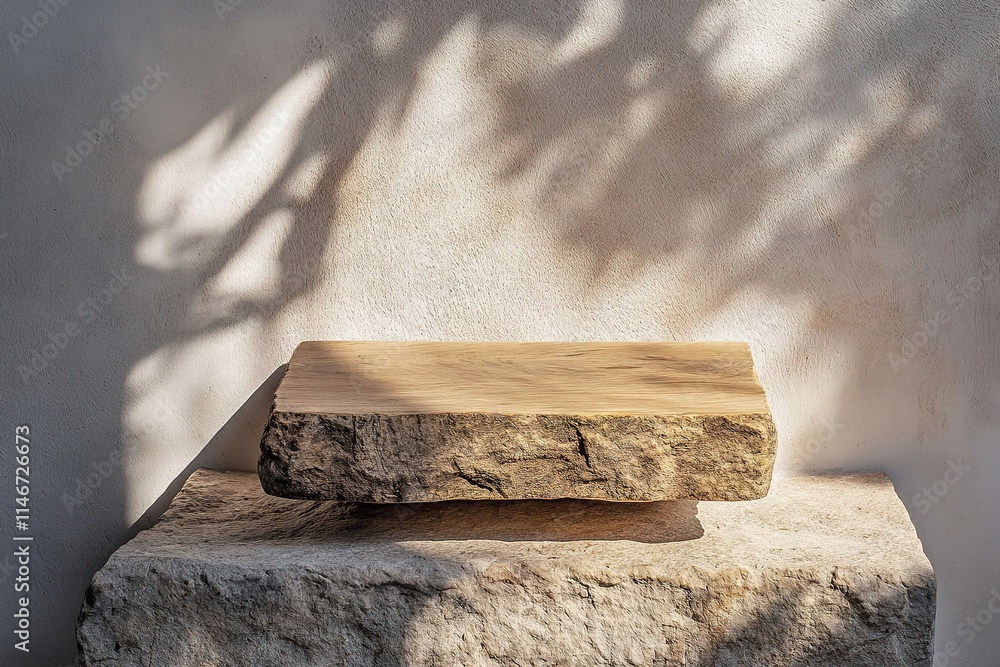 Poster rustic wooden podium with visible grain patterns displayed on textured stone base under soft natural