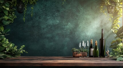 rustic wooden table with wine bottles and glasses lush green fol