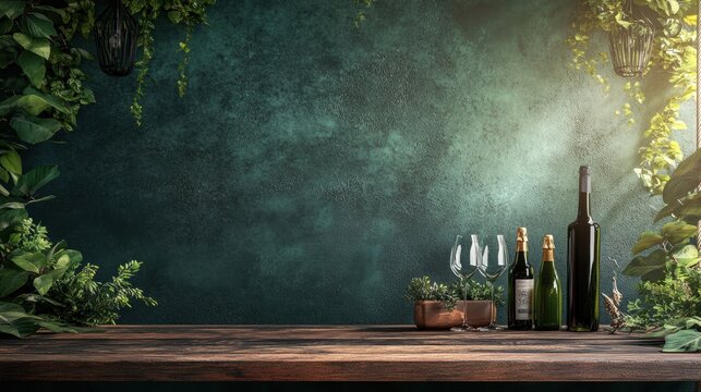rustic wooden table with wine bottles and glasses lush green fol