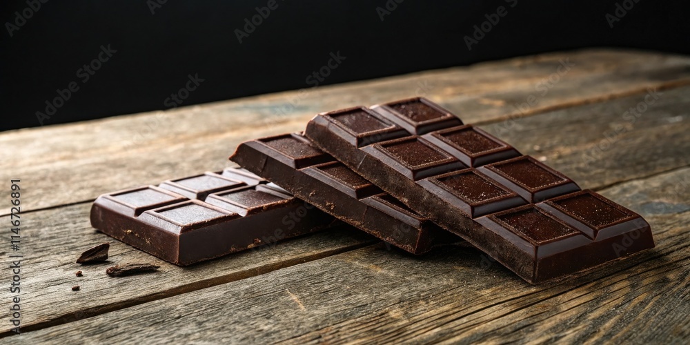 Poster a close-up of dark chocolate bars stacked on a rustic wooden surface, showcasing the rich, deep brow