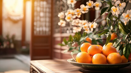 decorative table with bowl of fresh oranges and blooming flowers is illuminated by warm sunlight, symbolizing prosperity and joy in traditional setting