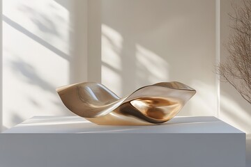 sculptural podium with twisted design made of polished brass displayed on smooth white platform under directional light