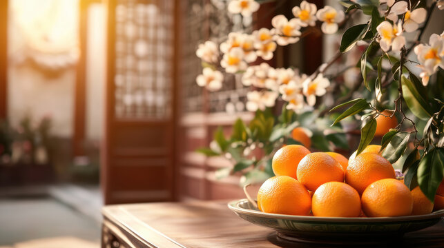 decorative table with bowl of fresh oranges and blooming flowers is illuminated by warm sunlight, symbolizing prosperity and joy in traditional setting