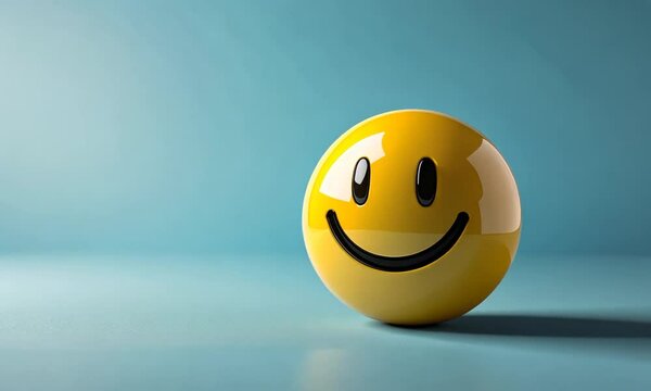 A cheerful yellow smiley face on a soft blue background, conveying positivity and happiness.