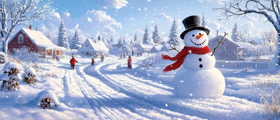 Obraz premium A cheerful snowman stands in a snowy landscape with trees and houses, creating a picturesque winter scene filled with joy and tranquility.