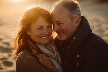Fototapeta premium Mature couple embracing on a scenic beach at sunset, bathed in golden light. Perfect for themes of love, togetherness, serenity, and joyful connection.