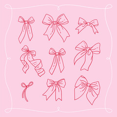 Coquette charming pink heart bows set. Girly pretty doodle hair decor, boho linear girl bow accessories. Ribbon isolated hand vector drawn art. Trendy fancy concept for Valentine's day