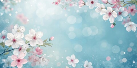 Fototapeta premium Delicate Pink and White Blossoms Frame a Light Blue Background with a Dreamy Bokeh Effect