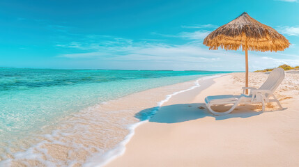 serene tropical beach with soft white sand, turquoise water, and straw umbrella shading lounge chair under clear blue sky