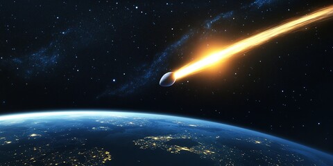 Obraz premium bright comet with long tail passing near earth illuminating night sky while accommodating space for informational overlays